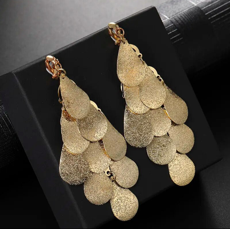 Clip on 4" long textured layered gold teardrop dangle earrings