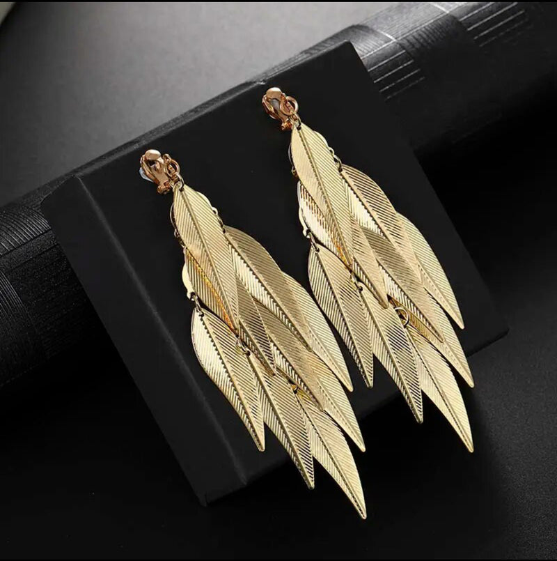Clip on 4 3/4" Xlong gold indented long leaf dangle earrings