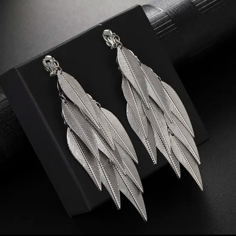 Clip on 4 3/4" Xlong silver indented long leaf dangle earrings