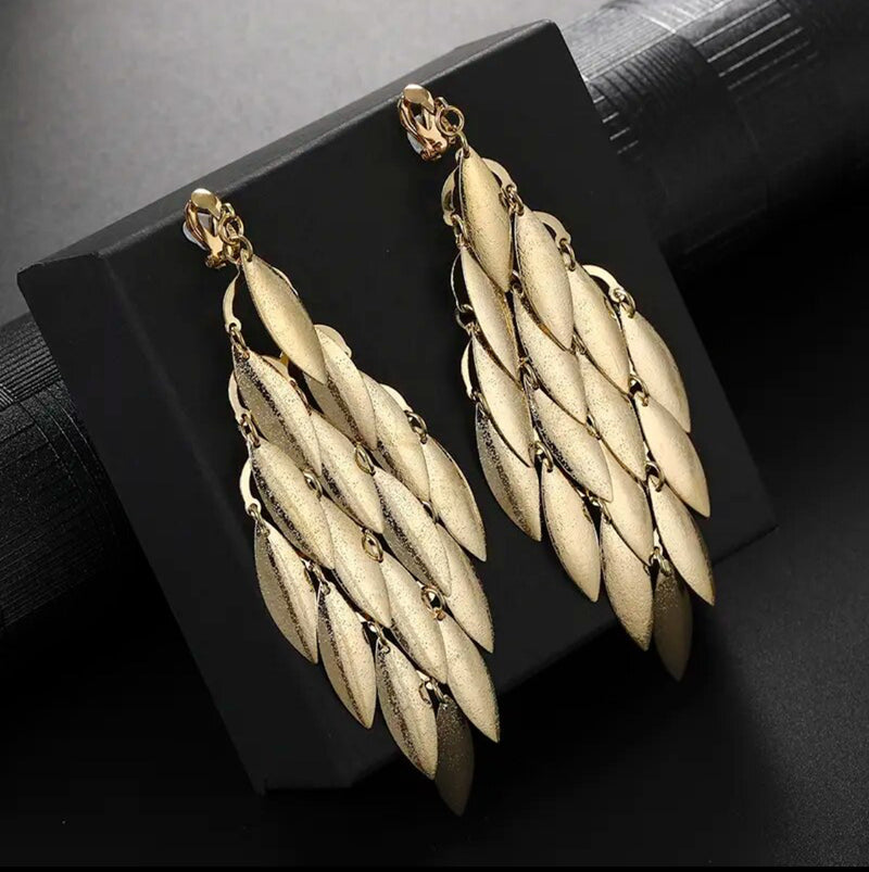 Clip on 4 3/4" Xlong textured gold layered pointed earrings