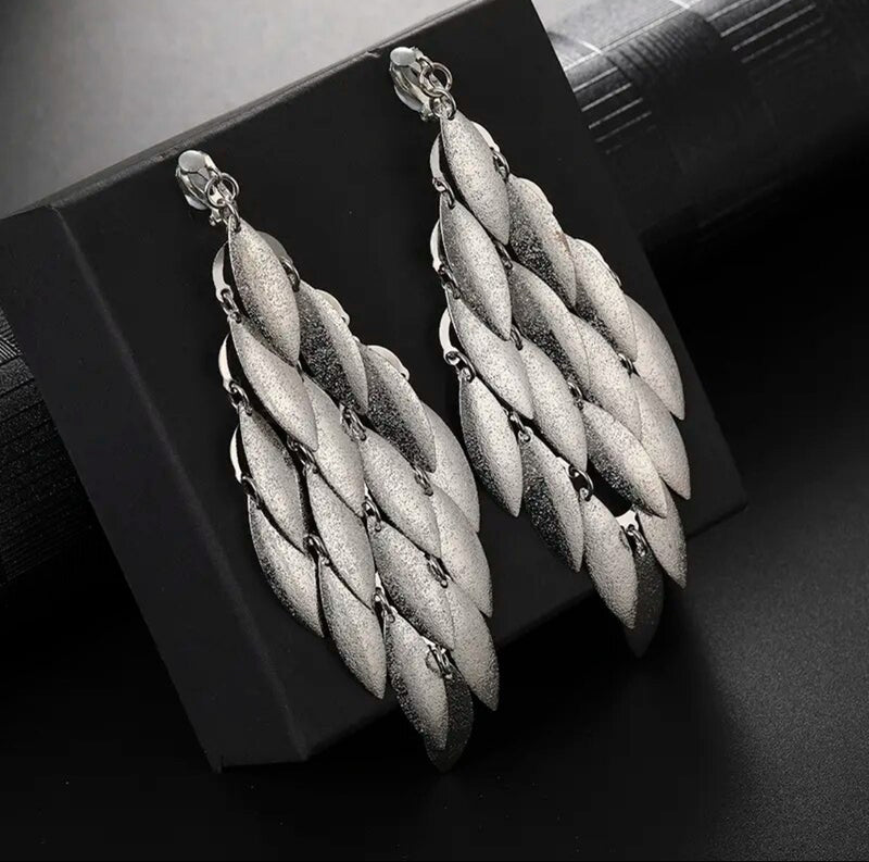 Clip on 4 3/4" Xlong textured silver layered pointed earrings