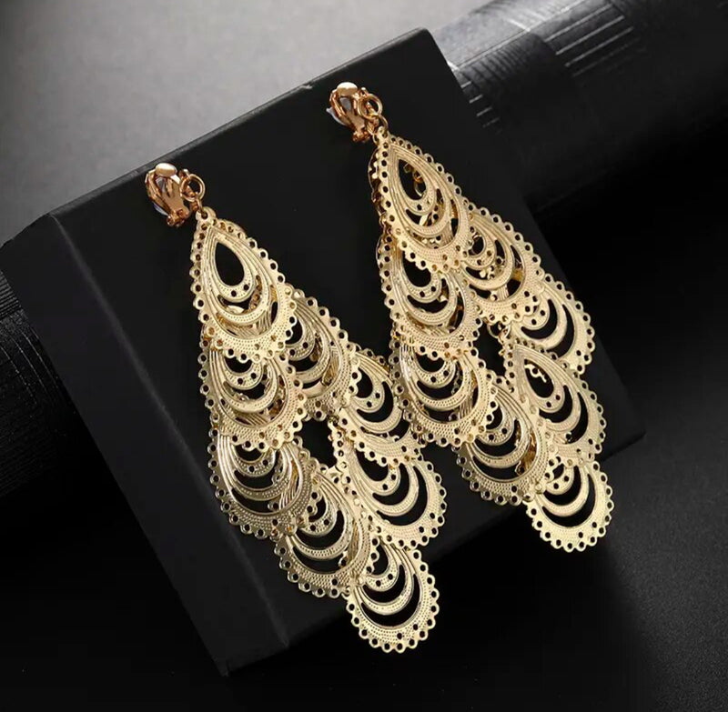 Clip on 4" long gold cutout lace style layered dangle earrings