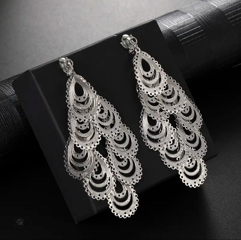 Clip on 4" long silver cutout lace style layered dangle earrings