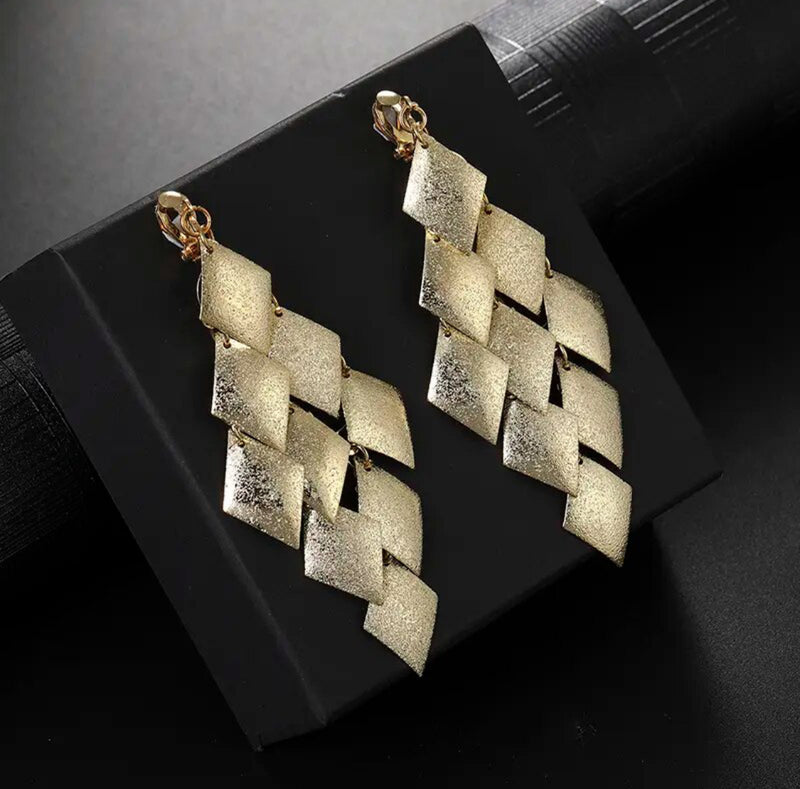 Clip on 4" long textured layered gold diamond shaped earrings