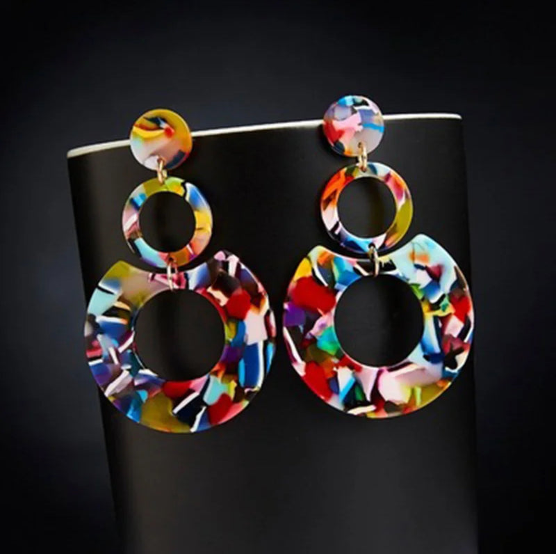 Clip on 2 3/4" red, green, multi colored graduated circle earrings