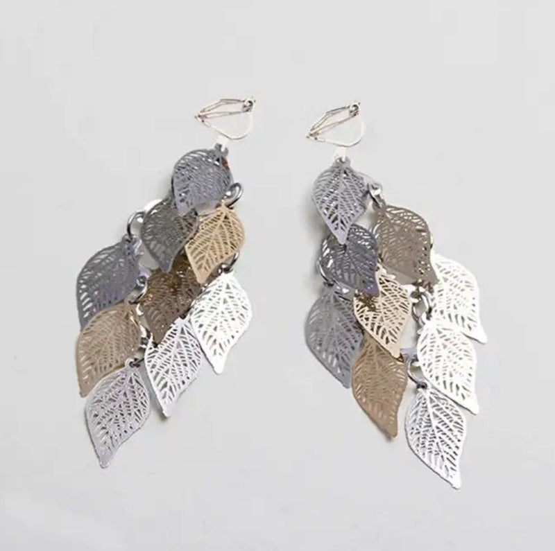 Clip on 3" silver gold gunmetal layered leaf earrings
