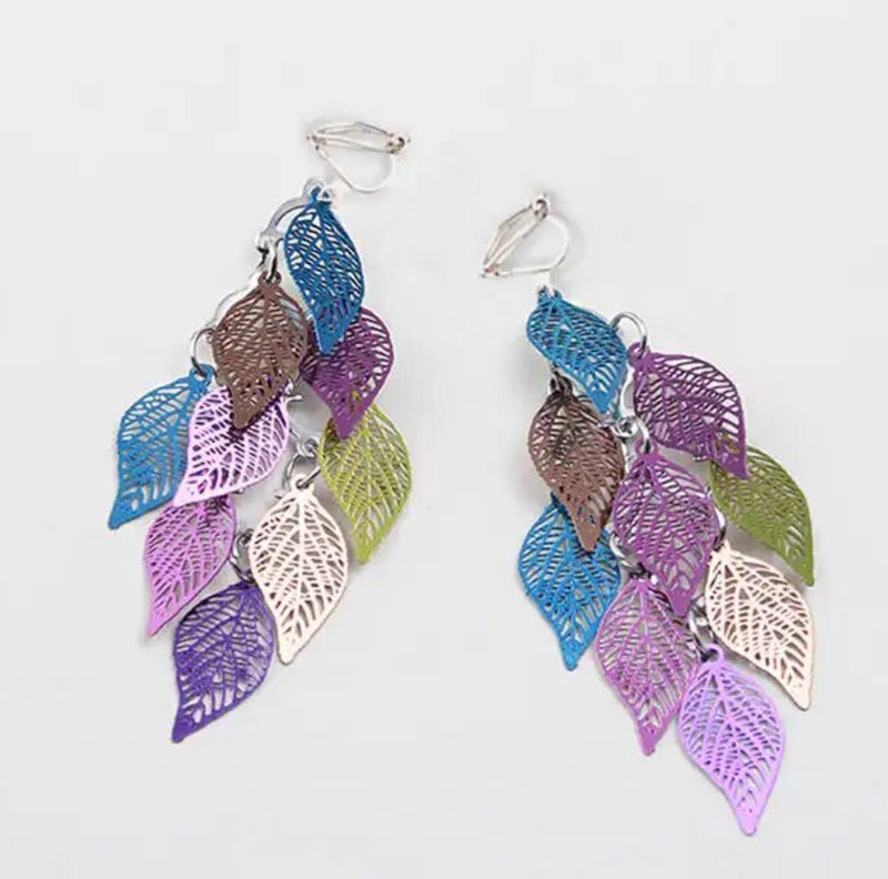 Clip on 3" silver and multi colored layered leaf earrings