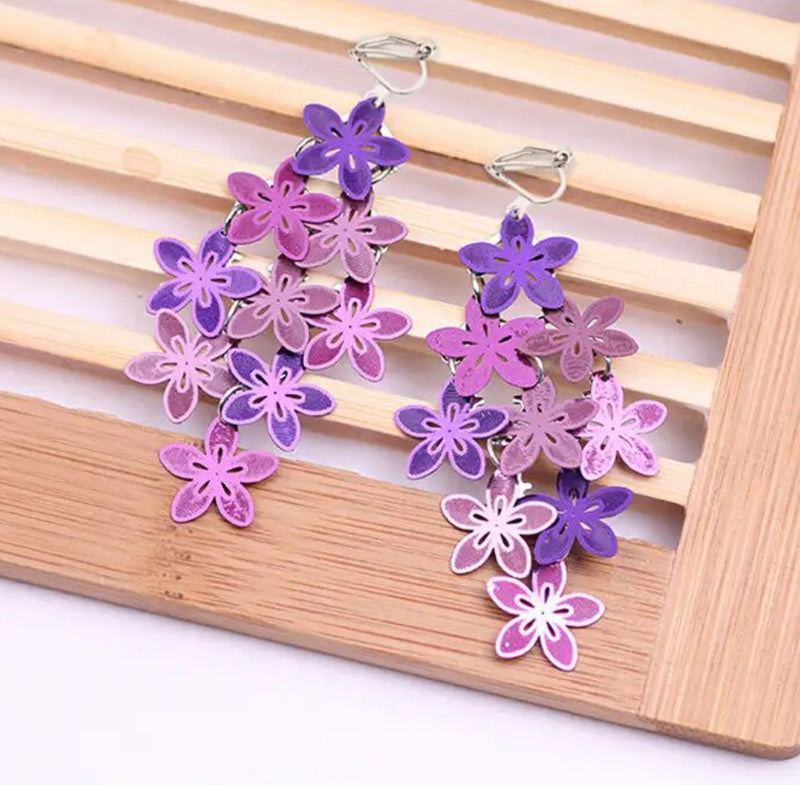 Clip on 2 3/4" silver and purple layered flower dangle earrings