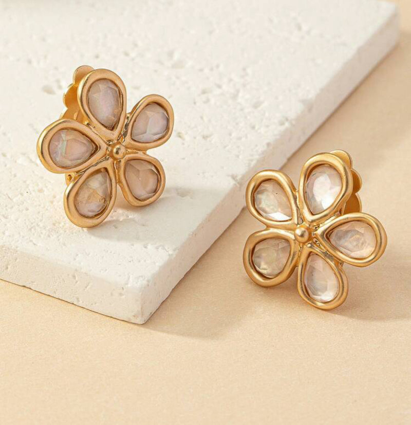 Clip on 1" matte gold and nacre stone flower button style earrings