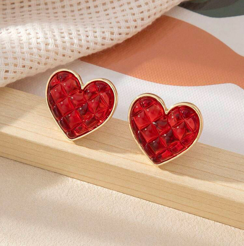 Clip on 1" gold and red bumpy heart button earrings