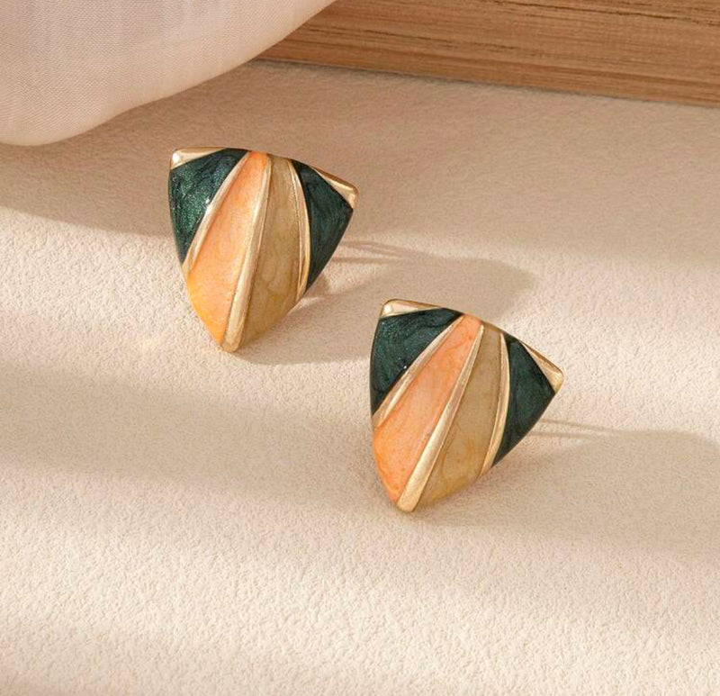 Clip on 1" small gold, green, orange, beige pointed triangle earrings