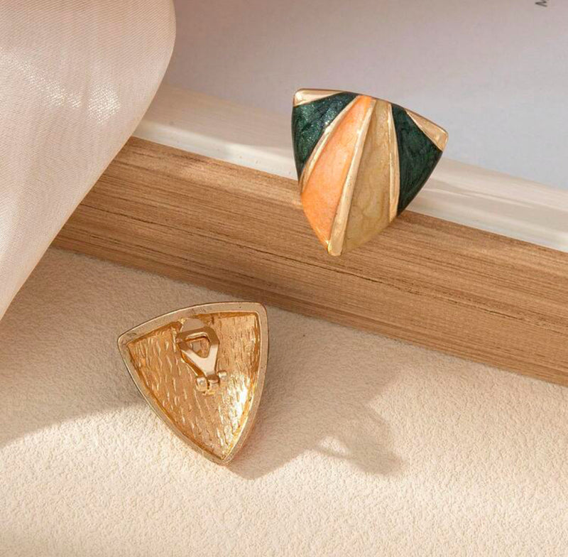 Clip on 1" small gold, green, orange, beige pointed triangle earrings