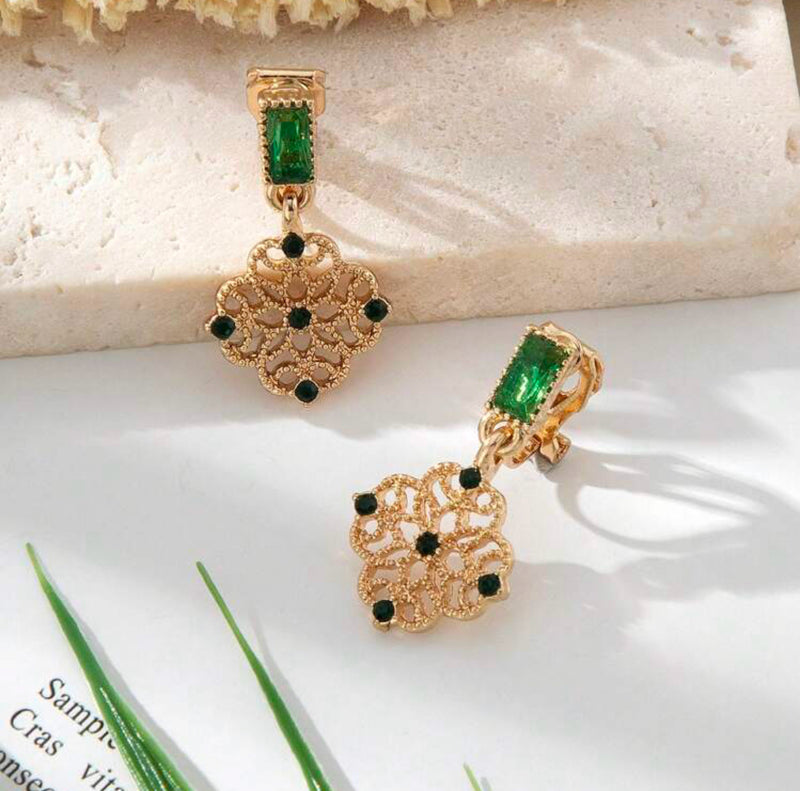 Clip on 1" small gold and green stone dangle cutout earrings