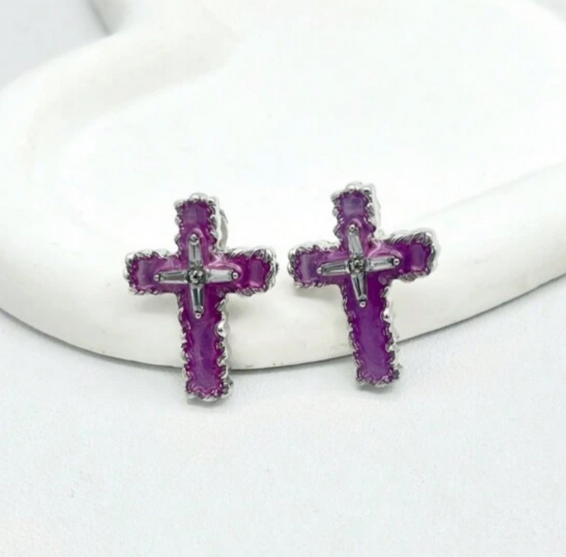 Clip on 1 1/4" silver and purple stone button style cross earrings