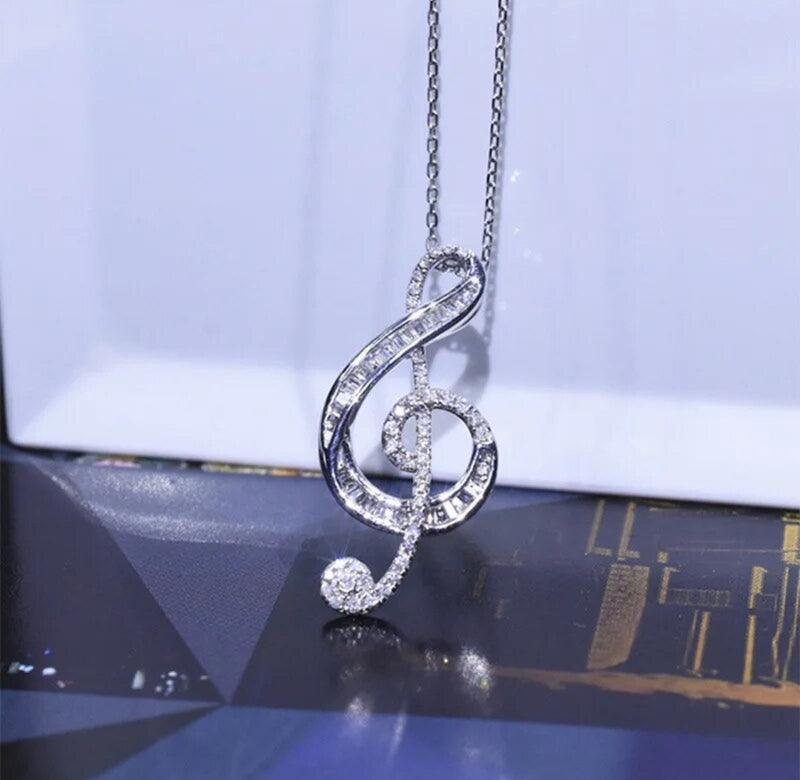 Sterling silver 18" chain and clear stone music note pendant necklace