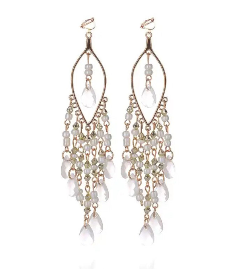 Clip on 5" XXlong gold and white bead open center dangle earrings