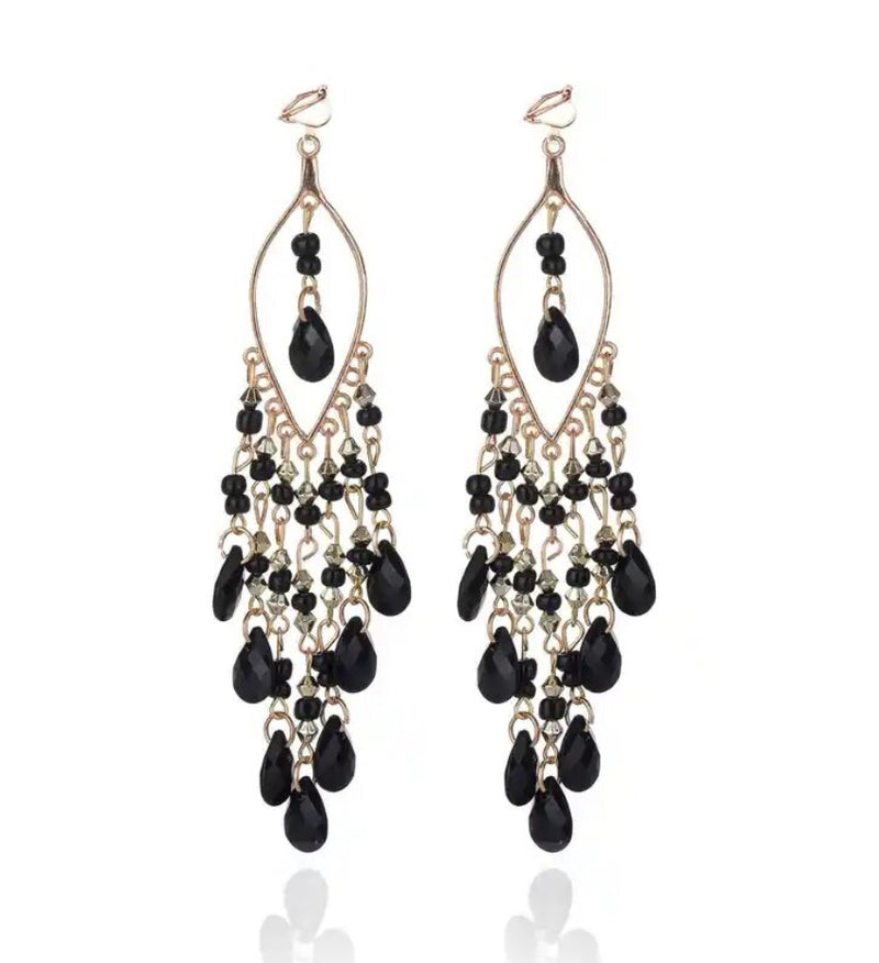 Clip on 5" XXlong gold and black bead open center dangle earrings