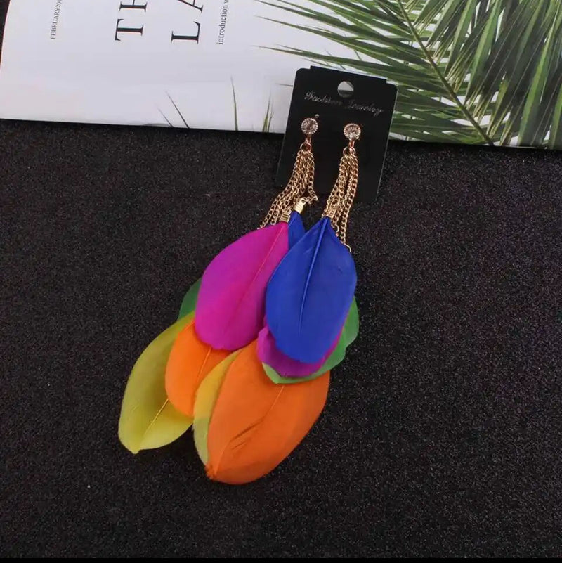 Trendy 5 3/4" XX long clip on gold chain multi colored feather earrings