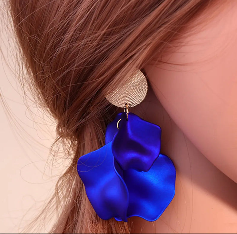Clip on 2 3/4" long gold large blue dangle petal earrings