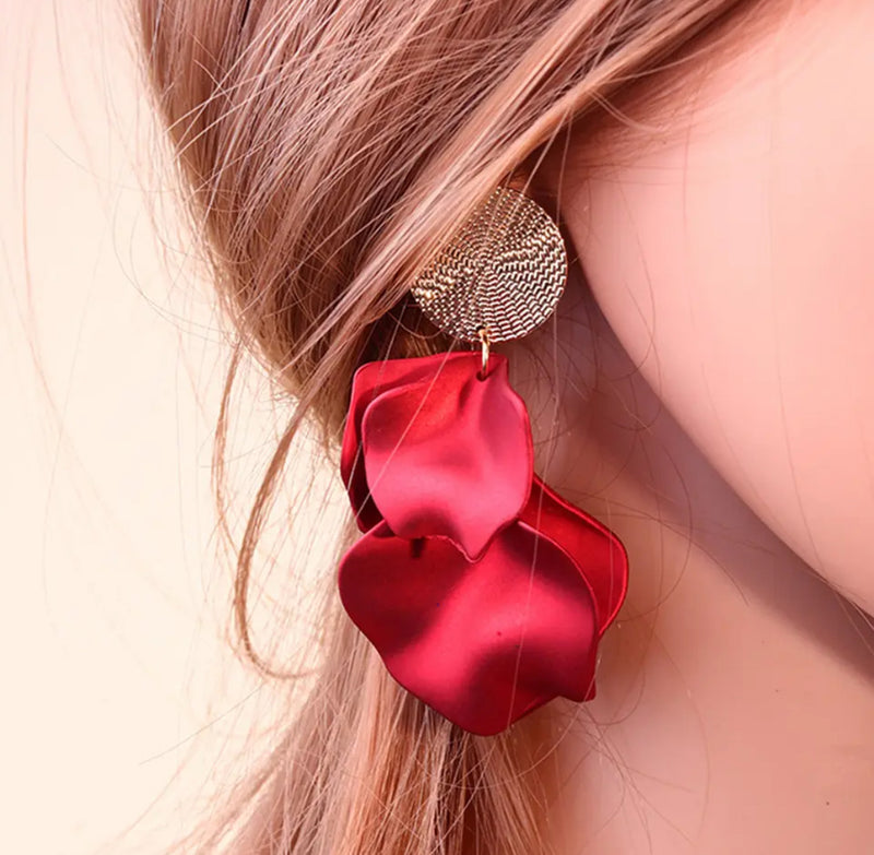 Clip on 2 3/4" long gold large red dangle petal earrings