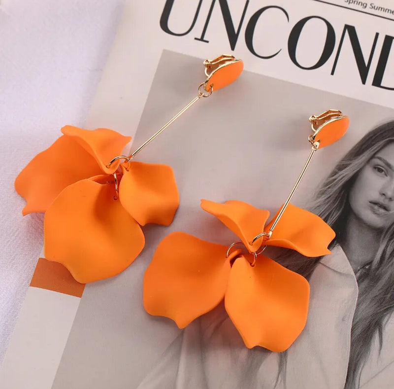 Clip on 4 1/2" Xlong gold wire large orange petal earrings