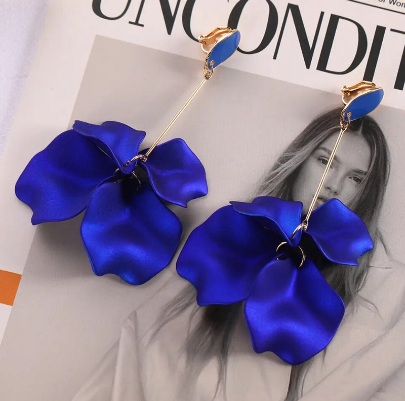 Clip on 4 1/2" Xlong gold wire large blue petal earrings