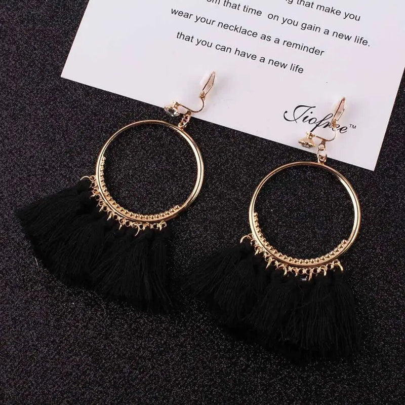 Clip on 3 1/2" long gold hoop black thread tassel earrings