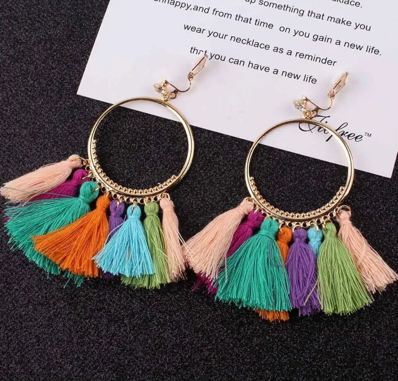 Clip on 3 1/2" long gold hoop multi colored thread tassel earrings