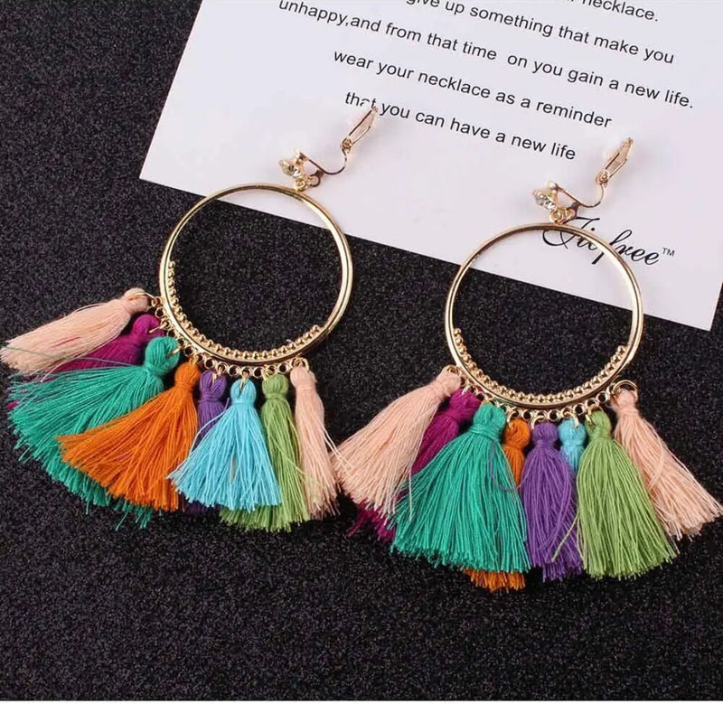 Clip on 3 1/2" long gold hoop multi colored thread tassel earrings