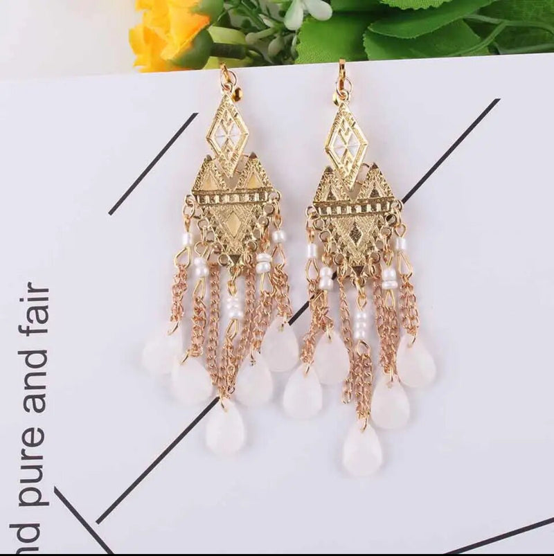 Clip on 4" Xlong gold, white and cream graduated dangle bead earrings