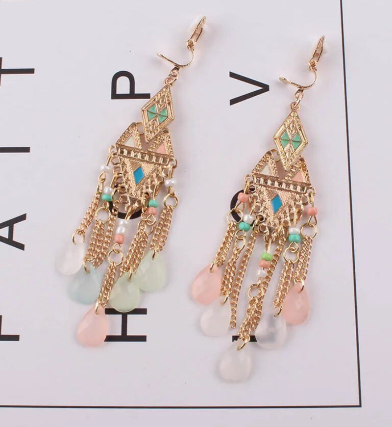 Clip on 4" Xlong gold and turquoise multi colored bead dangle earrings
