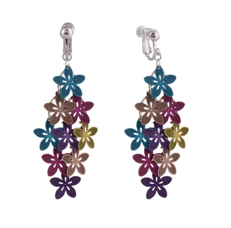 Clip on 3" long silver and purple multi colored layered flower earrings