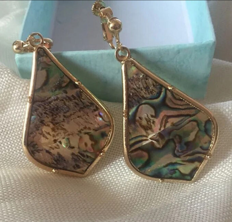 Clip on 2 1/2"elegant abalone multi colored shell earrings