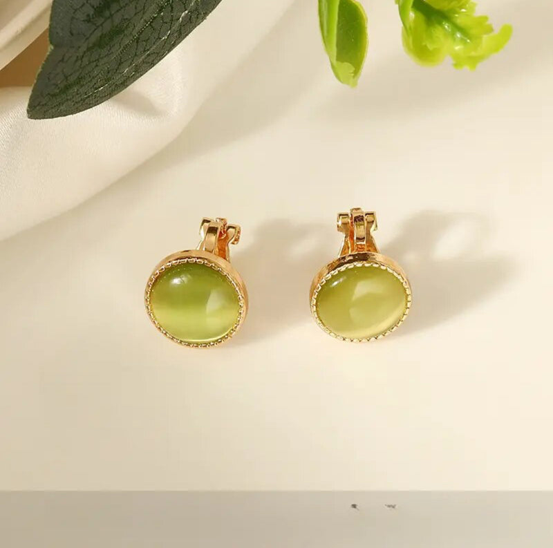 Clip on 1/2" small gold and green stone round button style earrings