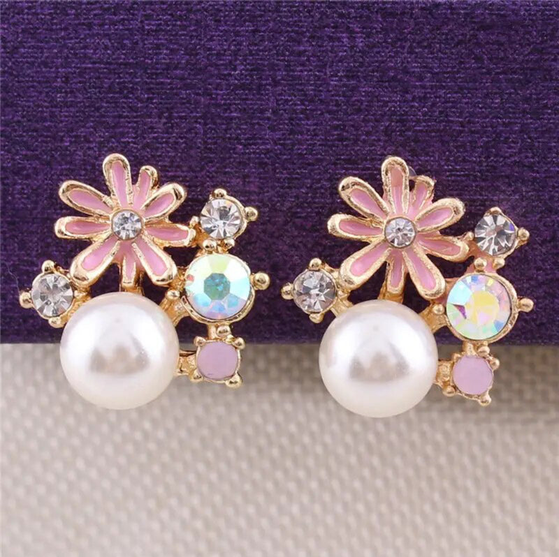Clip on 3/4" vintage gold, pink, fluorescent stone & white pearl earrings