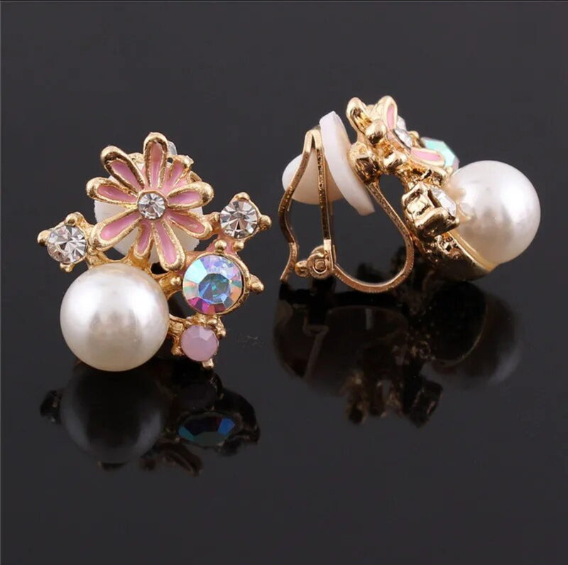 Clip on 3/4" vintage gold, pink, fluorescent stone & white pearl earrings