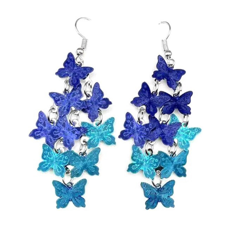 Pierced 2 3/4" silver, blue and turquoise layered butterfly earrings