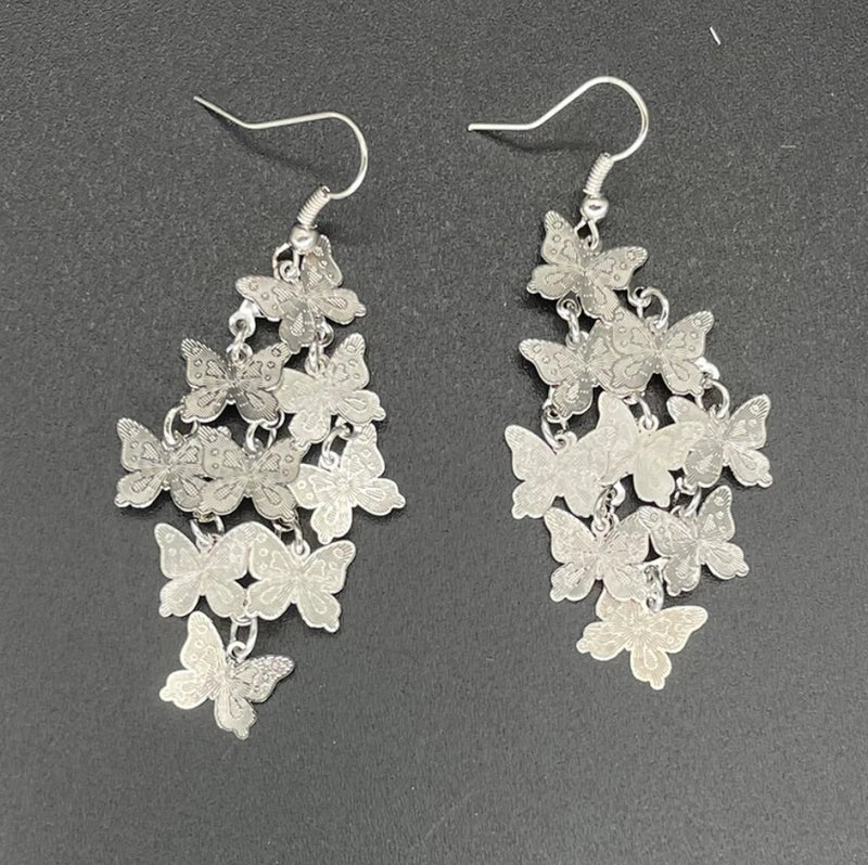 Pierced 2 3/4" silver layered butterfly dangle earrings