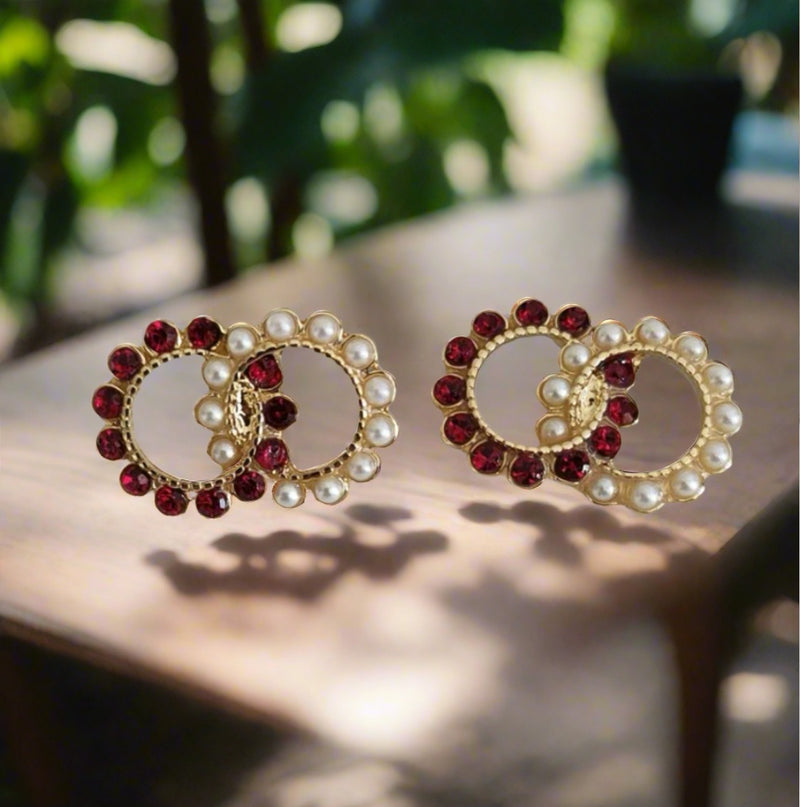 Clip on 1/2" small gold, pearl and red stone double circle earrings