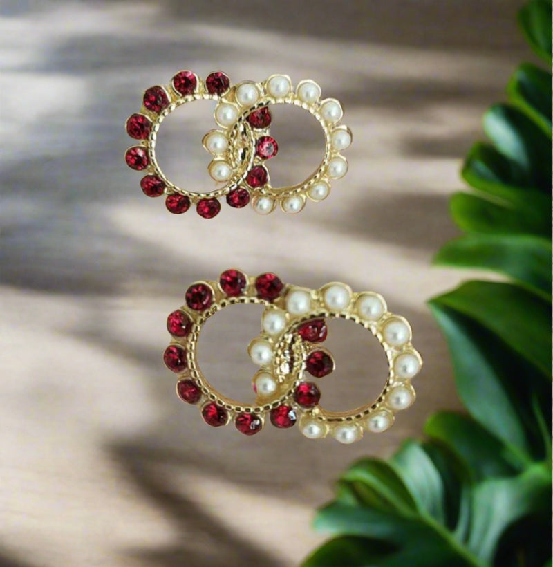 Clip on 1/2" small gold, pearl and red stone double circle earrings