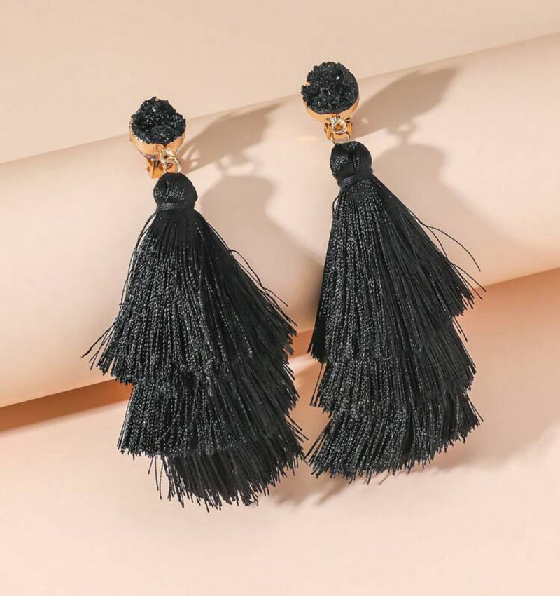 Clip on 4 1/4" long gold and black stone layered black thread earrings