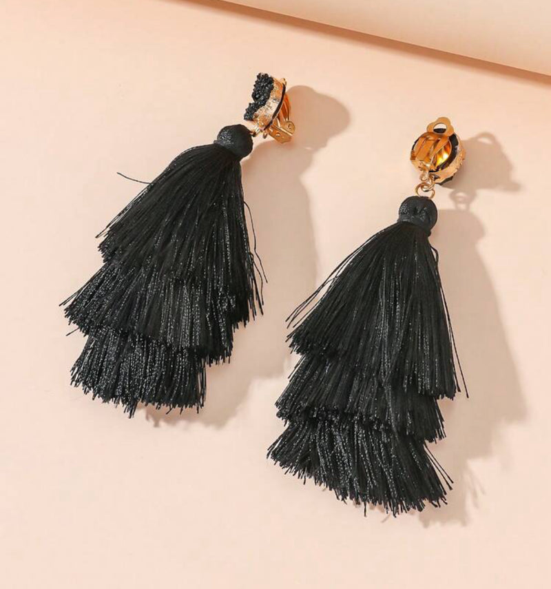 Clip on 4 1/4" long gold and black stone layered black thread earrings