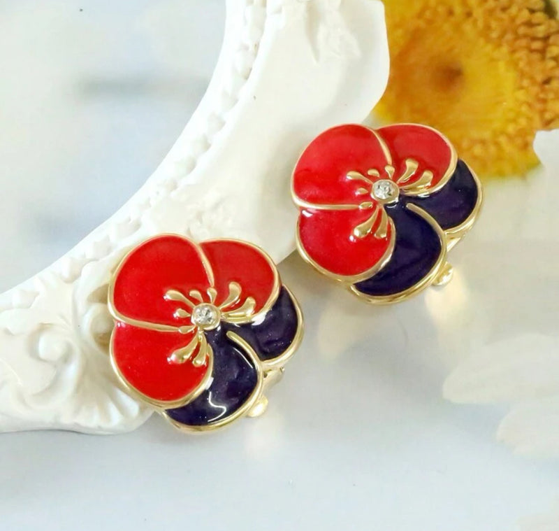 Clip on 1" gold, red and purple flower button style earrings