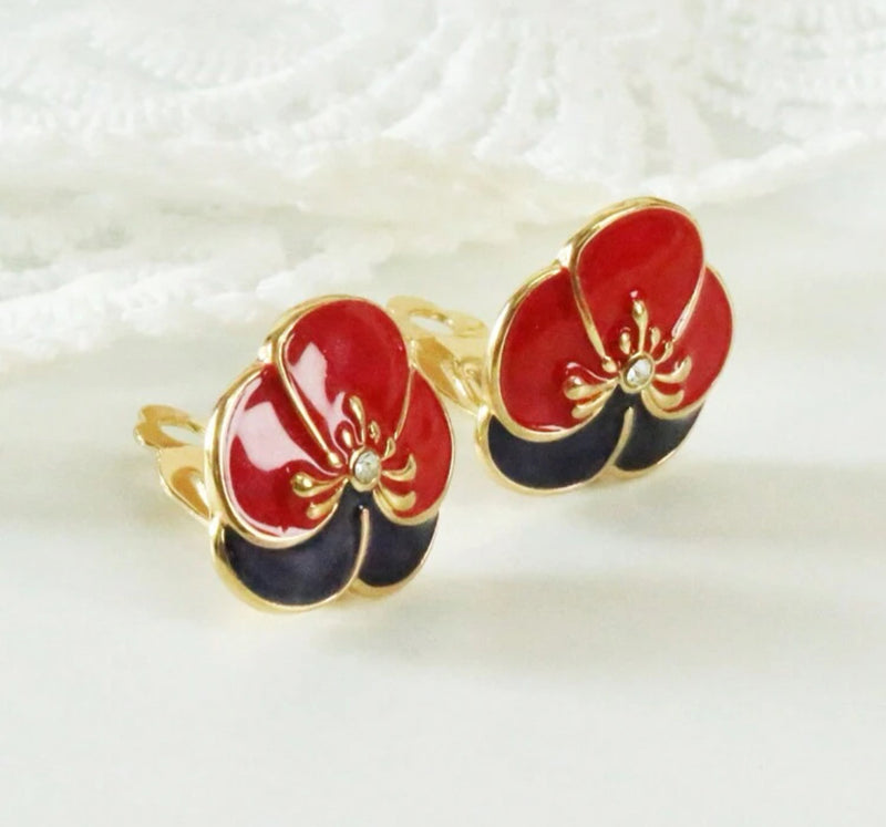 Clip on 1" gold, red and purple flower button style earrings