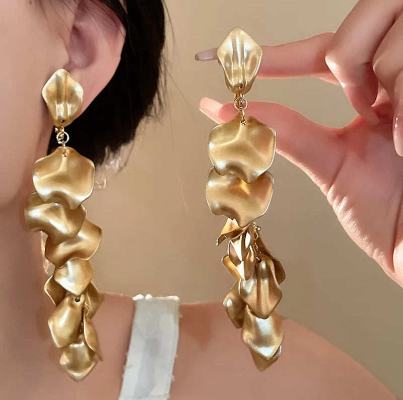 Clip on 5 1/4" XXlong gold chain with matte gold petal dangle earrings