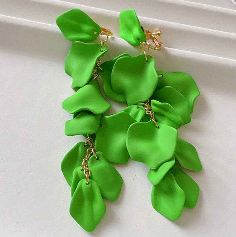 Clip on 5 1/4" XXlong gold chain green petal dangle earrings