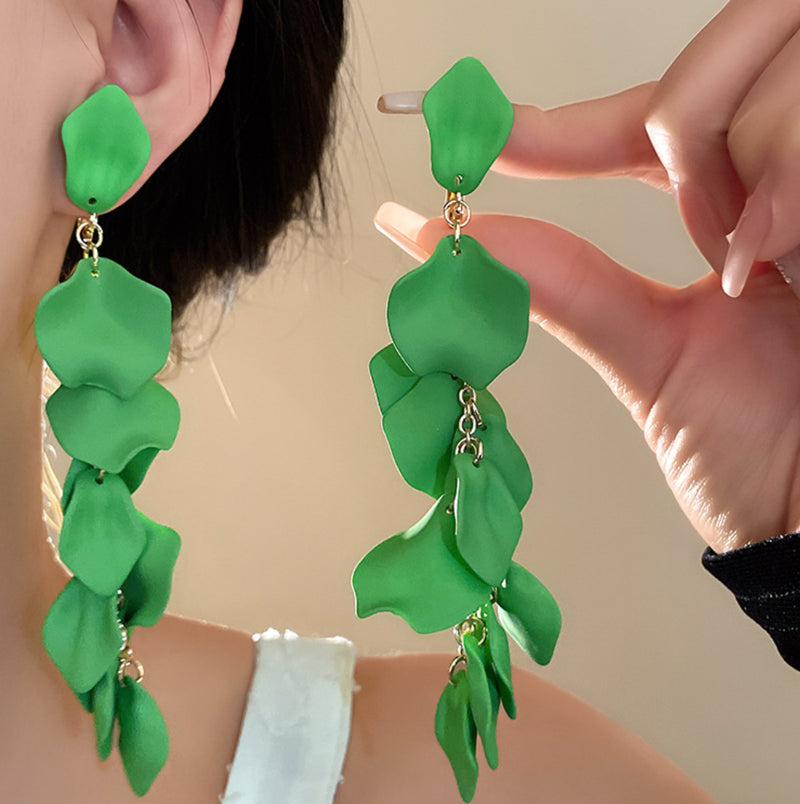 Clip on 5 1/4" XXlong gold chain green petal dangle earrings