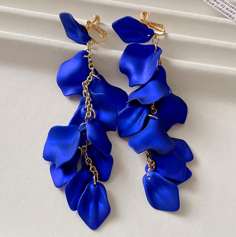 Clip on 5 1/4" XXlong gold chain shiny blue petal dangle earrings