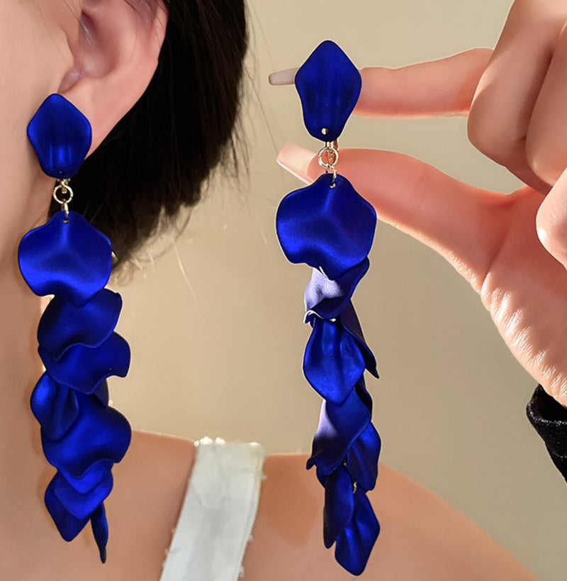 Clip on 5 1/4" XXlong gold chain shiny blue petal dangle earrings