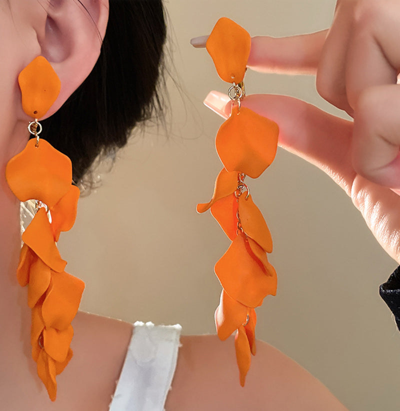 Clip on 5 1/4" XXlong gold chain orange petal dangle earrings